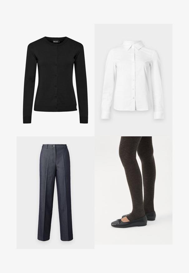 Sort cardigan med lange ærmer lavet af strikket materiale, med rund halsudskæring, knapfront og ribbede manchetter og kant. Ingen mønstre eller detaljer.; Hvid skjorte med lange ærmer, knapper, spids krave, lige kant og tætsiddende silhuet, vist på en ensartet lys baggrund.; Mørkegrå brede bukser lavet af glat stof, med frontknaplukning, skræddersyede folder og elegante lommer.; Ben iført mørke ribbede leggings kombineret med sorte balletsko med små sløjfedetaljer på hvid baggrund.