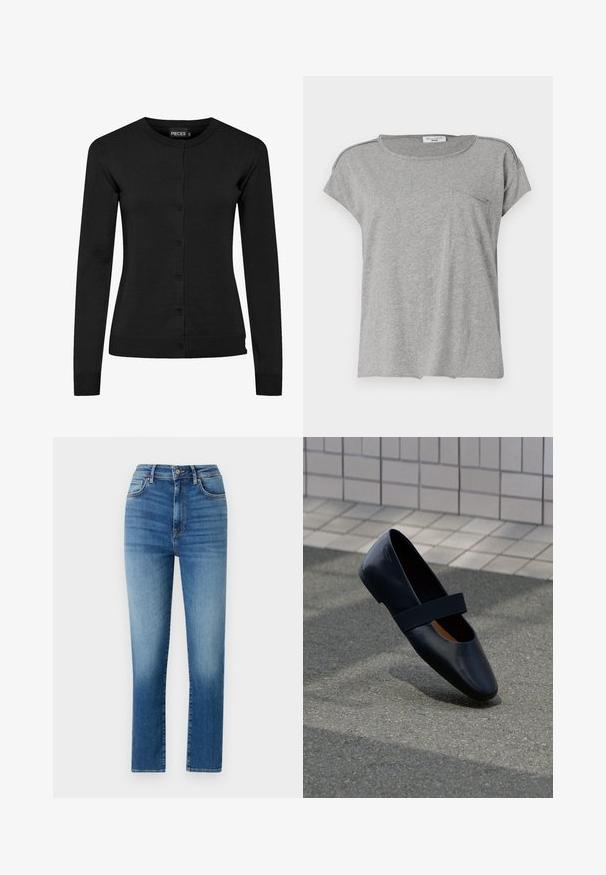 Schwarze Langarm-Strickjacke aus Strickmaterial, mit Rundhalsausschnitt, Knopfverschluss und gerippten Bündchen und Saum. Keine Muster oder Akzente.; Grau kurzärmliges T-Shirt aus weichem Stoff. Verfügt über einen Rundhalsausschnitt und eine kleine Brusttasche. Einfaches Design ohne Muster oder Druck.; Hochgeschnittene blaue Jeans aus Denim mit geradem Schnitt, fünf Taschen und sanften Verwaschungen für Textur und Details.; Schwarze Leder-Ballerina mit runder Zehenpartie, ausgestattet mit einem weichen schwarzen Elastikband über dem Vorderfuß. Glatte Textur und minimalistisches Design.