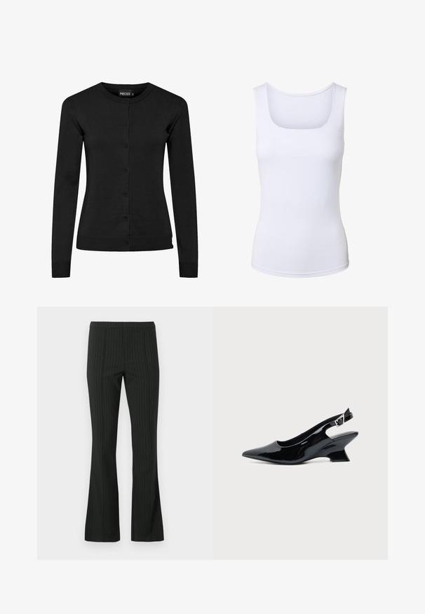 Schwarze Langarm-Strickjacke aus Strickmaterial, mit Rundhalsausschnitt, Knopfverschluss und gerippten Bündchen und Saum. Keine Muster oder Akzente.; Weißes ärmelloses Tanktop mit quadratischem Ausschnitt, figurbetonter Silhouette und glatter Stoffstruktur.; Schwarze Nadelstreifen-Anzughose mit geradem Bein, mittelhohem Bund und Vorderfalte vor weißem Hintergrund.; Schwarzer Slingback-Schuh aus Lackleder mit spitzer Spitze und niedrigem, schrägem Blockabsatz auf einfachem hellem Hintergrund.