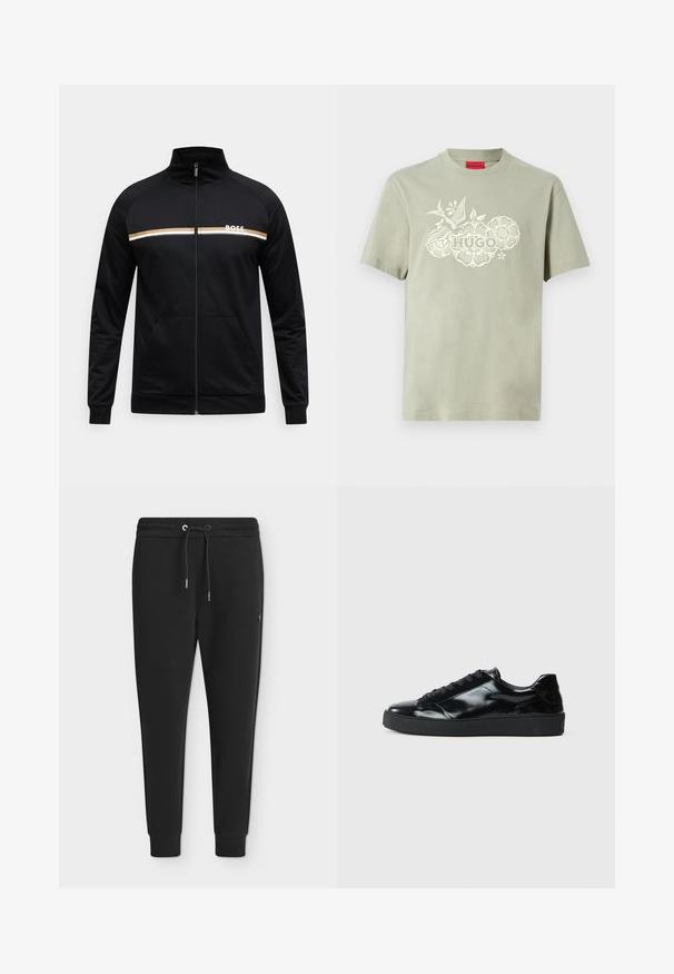 Veste noire zippée en tissu doux. Présente une bande horizontale blanche et dorée sur la poitrine avec le logo "BOSS", et des poches frontales.; T-shirt vert clair à manches courtes avec un motif floral blanc, une illustration d'oiseau et le texte "HUGO" centré sur la poitrine.; Pantalon de jogging noir fuselé avec taille à cordon et chevrons aux chevilles, affiché sur un fond clair uni.; Baskets en cuir verni noir avec un bout arrondi, un laçage, une semelle en caoutchouc texturé et une finition lisse.