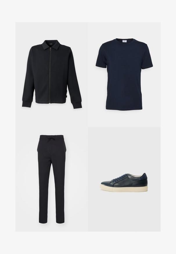 Veste noire zippée avec col et manches longues, avec poches latérales et fermeture éclair frontale.; T-shirt bleu marine à col ras du cou fabriqué en tissu doux. Manches courtes avec une coupe classique, avec une étiquette au niveau du col. Texture lisse, design minimal.; Pantalons noirs fuselés en tissu doux. Dotés d'une taille à cordon de serrage et de poches latérales avec une texture lisse.; Baskets en cuir bleu marine avec semelle en caoutchouc crème, dotées de lacets bleus et d'une texture lisse. Bout arrondi et design minimaliste.