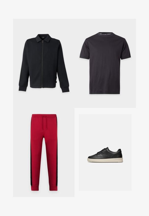 Veste noire zippée avec col et manches longues, avec poches latérales et fermeture éclair frontale.; T-shirt noir uni à manches courtes avec col rond, avec un petit logo ton sur ton sur la poitrine gauche et une étiquette de marque au niveau du col.; Pantalon de survêtement rouge avec des bandes noires sur les côtés, taille élastique et cordon de serrage ajustable. Fabriqué en tissu doux, présentant une coupe décontractée.; Baskets basses en cuir noir avec des lacets noirs et une semelle en caoutchouc épaisse de couleur crème, présentées sur un fond blanc.