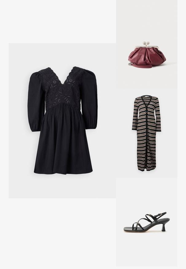 Lang cardigan med sort bund og zigzag mønstre i brun og creme. Lavet af en let strik med knapper ned foran.; Sort kjole med V-hals, pufærmer og intrikat broderet krop. Skørtet er flagrende med en glat tekstur.; Sorte lakerede sandaler med stropper, kvadratisk tå og en lav blokhæl. Udstyret med guldfarvet hardware og justerbare ankelremme.; Lille bordeaux rød læder clutch-pung med sølv metal lukning og håndledsrem på hvid baggrund.