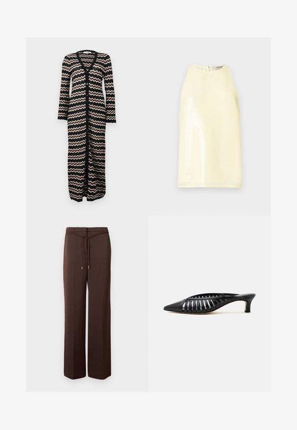 Lang cardigan med sort bund og zigzag mønstre i brun og creme. Lavet af en let strik med knapper ned foran.; Lys gul ærmeløs top med en glat tekstur, der har en skinnende panel på fronten og en lille lynlås på ryggen.; Brune bukser med vide ben og et slankt stofbælte bundet i taljen med metalbeklædte ender, vist mod en ensfarvet hvid baggrund.; Sort læder mule med spids snude, stropdetalje og lav kittenhælk på hvid baggrund.