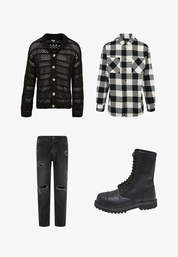 Schwarze Strickjacke mit einem gestrickten, durchbrochenen Design. Verfügt über einen Kragen, lange Ärmel und sechs große, runde Knöpfe auf der Vorderseite.; Schwarz-weiße Flanellhemd mit großem Karomuster, langen Ärmeln, Knopfleiste und zwei Brusttaschen. Aus weichem Stoff gefertigt.; Schwarze Jeans aus Denim mit lockerer Passform, die abged distressed Details und mehrere gerissene Stellen aufweisen. Fünf-Taschen-Design mit Knopfverschluss.; Schwarze Lederkampfstiefel mit hohem Schaft, Schnürung an der Vorderseite, gepolstertem Kragen und rutschfester, strukturierter Sohle für guten Halt. Mit verstärkter Zehenkappe.