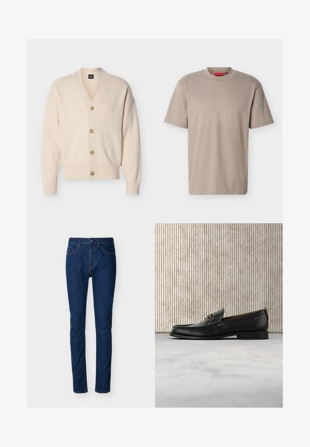 Cardigan beige en maille avec col en V, manches longues, poignets et ourlet côtelés, et quatre boutons marron clair sur le devant.; T-shirt beige à manches courtes et col rond avec un logo "HUGO" subtilement embossé sur la poitrine et une étiquette rouge à l'intérieur de l'encolure.; Jean en denim bleu foncé à coupe slim, design à cinq poches, coutures visibles et fermeture par bouton à la taille. Texture lisse.; Mocassin en cuir noir avec mors en métal doré et logo "HUGO", présenté sur un tapis beige et un meuble translucide marron.
