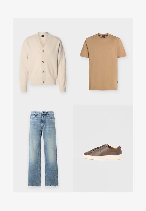 Cardigan beige en maille avec col en V, manches longues, poignets et ourlet côtelés, et quatre boutons marron clair sur le devant.; T-shirt beige manches courtes à col rond avec petit logo brodé sur la poitrine gauche et étiquette de marque à l’intérieur du col.; Jean droit en denim bleu clair avec taille haute, cinq poches, fermeture à boutons et léger délavage sur les cuisses et les genoux.; Baskets en cuir marron à texture lisse, semelle extérieure crème contrastante, bout arrondi et lacets marron foncé ; présente un logo discrètement embossé.