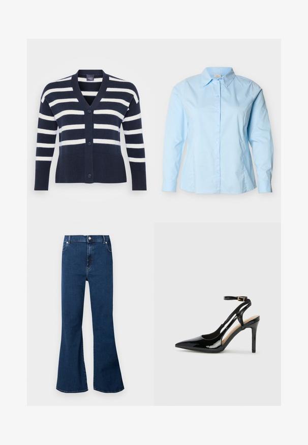 Marineblauwe en witte gestreepte cardigan met een V-hals, zes knopen, ribbelzoom en -manchetten en voorzakken. Gemaakt van zachte breimateriaal.; Lichtblauw overhem met lange mouwen, knoopsluiting, klassieke kraag, getailleerde pasvorm en zichtbare naden langs de zijkanten en mouwen.; Donkerblauwe high-waisted spijkerbroek met brede uitlopende pijpen, knoopsluiting aan de voorkant en zakken, getoond tegen een lichte achtergrond.; Zwarte lakleren hoge hak slingback schoenen met spitse neus, verstelbare enkelband en open zijkanten. Gladde textuur.