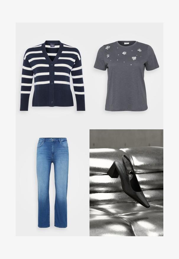 Marineblå og hvid stribet cardigan med V-hals, seks knapper, ribbet bund og manchetter samt forlommer. Lavet af blødt strikket materiale.; Grå bomulds T-shirt med korte ærmer, prydet med metallic blomsterapplikationer og palietter arrangeret på forsiden. Blød tekstur, afslappet pasform.; Lysblå denimjeans med lige snit, fem-lomme design og en slidt effekt ved kanten. Knaplukning i taljen.; Sort slingback-hæl med spids tå, der har en tekstureret overflade og en chunky blokhæl. Lagt mod en skinnende, metallisk baggrund.