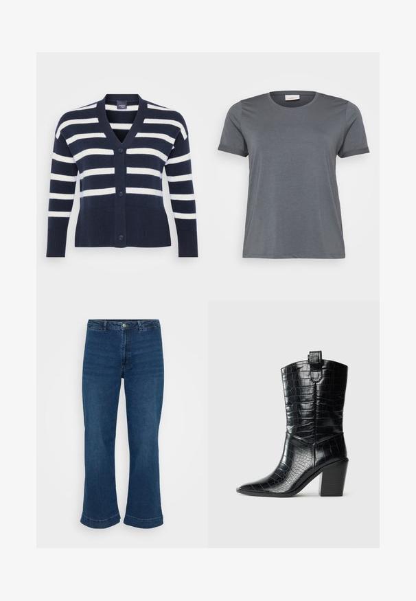 Marineblå og hvid stribet cardigan med V-hals, seks knapper, ribbet bund og manchetter samt forlommer. Lavet af blødt strikket materiale.; Grå kortærmet T-shirt lavet af blødt stof, med en klassisk rund halsudskæring og oprullede ærmer. Glat tekstur uden synlige mønstre.; Højtaljede blå jeans med lige ben og bred kant, lavet af denim. Har et klassisk fem-lomme design og lukning med metalknap.; Sort westernstøvle til midten af lægen med spids tå, blokhæle og blank lædertekstur med krokodillepræg mod hvid baggrund.