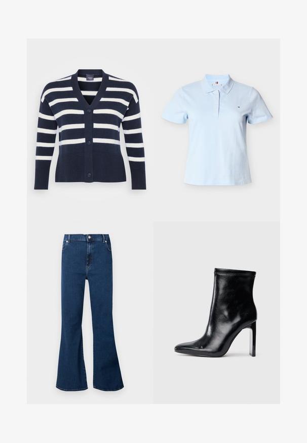 Marineblå og hvid stribet cardigan med V-hals, seks knapper, ribbet bund og manchetter samt forlommer. Lavet af blødt strikket materiale.; Lyseblå kortærmet polo-shirt med krave, fire knapper og lille logo på venstre bryst.; Mørkeblå jeans med høj talje og vidt udstående ben, forreste knaplukning og lommer, vist mod en lys baggrund.; Sorte læder ankelstøvle med spidse tæer og høj klar hæl. Glat tekstur og minimal syning på overmaterialet.