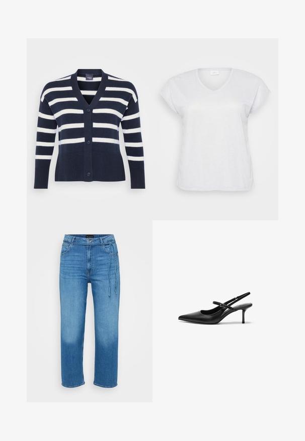 Marineblå og hvid stribet cardigan med V-hals, seks knapper, ribbet bund og manchetter samt forlommer. Lavet af blødt strikket materiale.; Hvid kortærmet V-hals t-shirt med en subtil skimmereffekt, der har en afslappet pasform og ingen synlige mønstre eller accenter.; Lyseblå denimjeans med afslappet pasform, lige ben, medium talje og justerbar bindebåndsdetalje foran. Glat tekstur.; Sorte læder slingback hæle med spids tå, slank justerbar rem og en stiletto hæl på cirka 5 cm, glat tekstur.