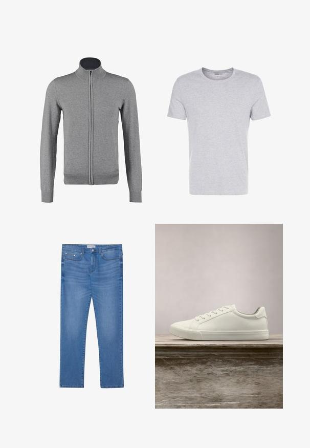 Gilet zippé gris avec un col et des poignets côtelés, offrant une texture lisse et une coupe ajustée. Pas de motifs ni d'accents visibles.; T-shirt en coton gris avec un col rond, des manches courtes et un design sobre, offrant une texture douce et lisse sans motifs ni embellissements visibles.; Jeans en denim bleu clair avec une coupe droite, design à cinq poches, décoloration subtile et accents en métal au niveau de la taille et des poches.; Sneaker en dentelle blanche flottant au-dessus d'un banc en bois avec un feuillage vert en arrière-plan, mettant en valeur le design et la texture de la chaussure.