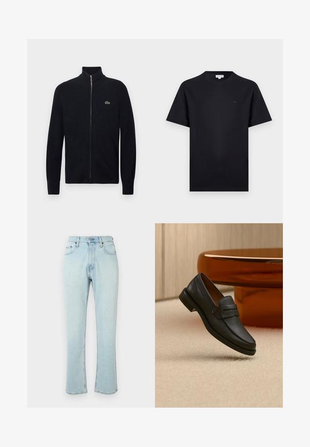Pull noir à fermeture éclair avec col et poignets côtelés, fabriqué en matière tricotée. Présente un petit logo vert sur la zone gauche de la poitrine.; T-shirt noir à manches courtes avec col rond, orné d'un petit logo crocodile ton sur ton sur le côté gauche de la poitrine.; Jean en denim bleu clair avec une coupe droite, taille haute et légères zones de décoloration. Détail d'ourlet effiloché avec cinq passants de ceinture et quincaillerie traditionnelle.; Mocassin homme en cuir noir avec une bande sur le dessus, présenté sur un tapis beige près d'une table ronde moderne marron.