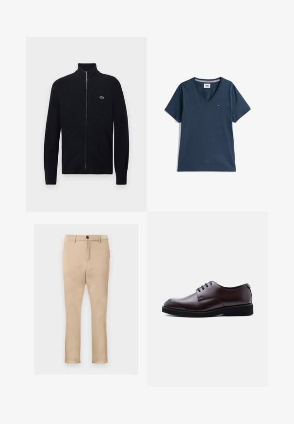 Sort lynlåstrøje med ribbet krave og manchetter, lavet af strikket materiale. Har en lille grøn logo på venstre bryst.; Mørkeblå bomulds v-hals t-shirt med korte ærmer og en lille logo detalje på brystet. Blød texture og afslappet pasform.; Beige chinos lavet af glat stof, med lige ben, lommer foran og en enkelt sort knaplukning i taljen.; Mørkebrun poleret lædersko med sorte snørebånd og en sort sål, vist i venstre sideprofil på en hvid baggrund.