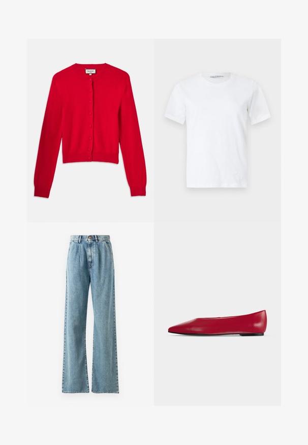 Cardigan rouge en matériau doux, avec un col rond, des manches longues et une fermeture par boutons sur le devant avec un tissu texturé.; T-shirt blanc uni à manches courtes et col rond, posé à plat sur un fond clair, vue de face avec une petite étiquette de marque visible à l'intérieur du col.; Jean large taille haute bleu clair en denim, avec fermeture à bouton, plis marquants et poches cousues.; Chaussure plate en cuir rouge à bout pointu, semelle noire et petit talon, vue de profil sur un fond clair uni.