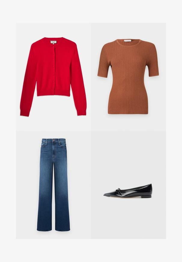 Cardigan rouge en matériau doux, avec un col rond, des manches longues et une fermeture par boutons sur le devant avec un tissu texturé.; Haut à manches courtes en maille côtelée couleur rouille avec encolure ronde, silhouette ajustée et texture subtile.; Jean large avec un dégradé de bleu, doté d'une taille haute, de cinq poches et de coutures contrastantes pour plus de détails.; Chaussure plate en cuir verni noir avec un bout pointu, une petite lanière décorative et un petit talon carré. Texture lisse et design épuré.