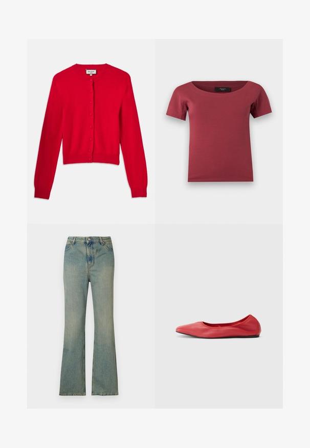 Cardigan rouge en matériau doux, avec un col rond, des manches longues et une fermeture par boutons sur le devant avec un tissu texturé.; Haut pour femmes à manches courtes, de couleur rose foncé, avec un large décolleté en arrondi et une coupe ajustée, posé à plat sur un fond blanc.; Jean flare en denim bleu clair à taille haute, cinq poches et fermeture éclair. Fini propre et décoloré avec des détails de couture subtils.; Filippa K REY FLATS - Ballerines - bright red