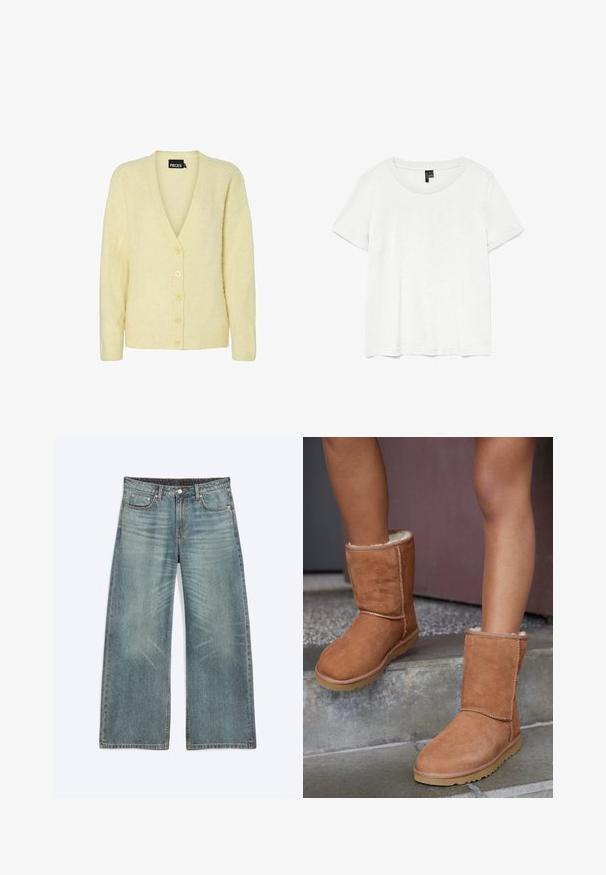 Cardigan amarillo de felpa con escote en V, mangas largas y cinco botones en la parte delantera. Suave textura y puños acanalados completan el diseño.; Camiseta blanca de manga corta con un cuello redondo, hecha de tejido ligero. Diseño simple, textura suave y dobladillo recto.; Vaqueros de mezclilla azules de pierna ancha con bolsillos delanteros, trabillas para cinturón, cierre de botón y detalles sutiles de desgaste en los muslos y las rodillas.; Botas de tobillo de ante marrón con punta redonda, forro suave y suela de goma, con detalles de costura visibles a lo largo de las costuras.