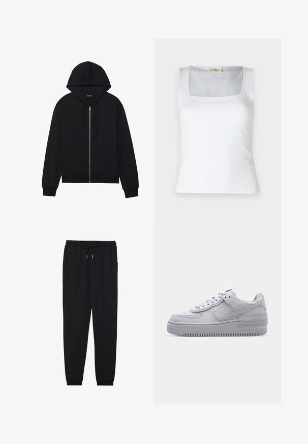 Haut de hoodie noir zippé avec une poche frontale, capuche à cordon de serrage, poignets et ourlet côtelés. Fabriqué à partir d'un matériau doux avec une texture lisse.; Débardeur blanc à encolure carrée fabriqué en tissu lisse. Présente des bretelles larges et une silhouette ajustée. Aucune motif ou ornement visible.; Pantalons de jogging noirs en tissu doux, avec une taille élastique munie d'un cordon de serrage, des poches latérales et des chevilles fuselées.; Basket en cuir lisse gris Nike Air Force 1 avec un bout perforé, une semelle épaisse et un détail 'AIR' en relief sur le talon.