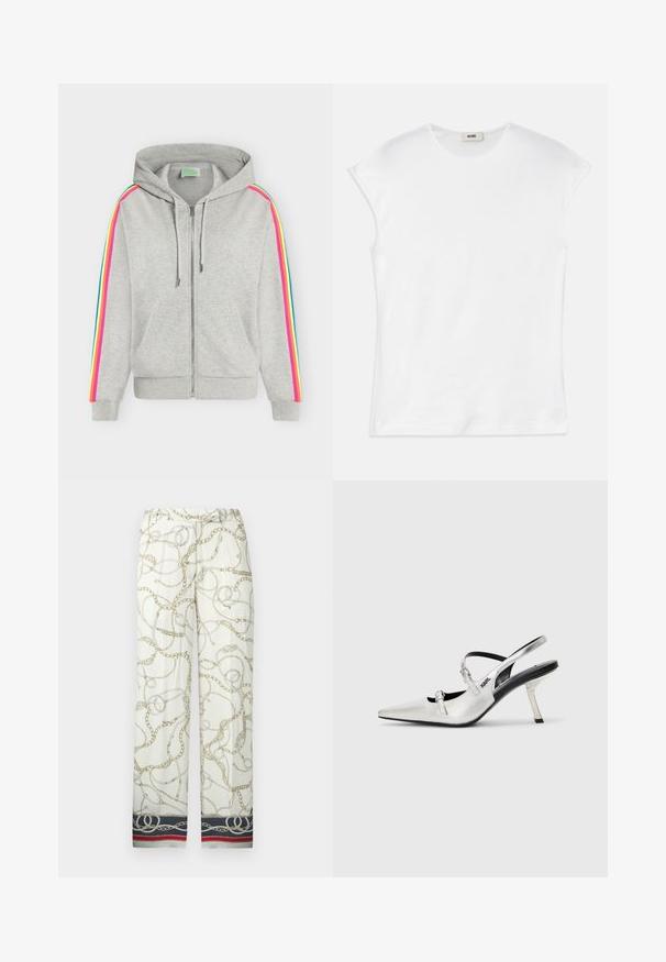 Sweat à capuche zippé gris clair avec poches avant et rayures multicolores roses, jaunes et bleues courant le long des manches.; T-shirt blanc à manches courtes en coton. Doté d'un col rond et d'une texture lisse et douce avec une coupe décontractée. Aucun motif ni accent.; Pantalon blanc avec un motif chaîne doré, bordure décorative en bleu marine et rouge à l'ourlet, taille élastique froncée.; Escarpins argentés à talon slingback avec un bout pointu, présentant une finition métallique lisse, un talon fin et des détails de strap décoratifs.