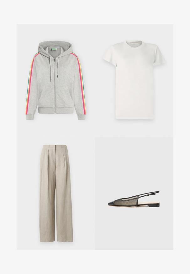 Sweat à capuche zippé gris clair avec poches avant et rayures multicolores roses, jaunes et bleues courant le long des manches.; T-shirt blanc à manches courtes en coton avec un col rond et une coupe simple. Les étiquettes affichent "DESIGNERS REMIX" à l'intérieur du col.; Pantalon en lin beige taille haute, jambes larges, avec plis sur le devant et fermeture avant dissimulée, présenté sur un fond uni.; Chaussure à talon ouvert noir et or avec un bout pointu, un design en maille et une semelle plate. Équipée d'une fine sangle au niveau de la cheville avec un accent de boucle circulaire.