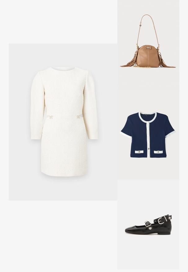 Cardigan côtelé navy avec bord blanc, manches courtes et fermeture à boutons sur le devant. Il présente deux poches avec des boutons décoratifs.; Robe courte blanche à manches longues texturée avec un col rond et de petits nœuds décoratifs à la taille sur un fond uni.; Ballerine en cuir verni noir avec un bout carré, sangle de cheville avec des détails en métal argenté et semelle plate. Texture lisse avec un design minimaliste.; Petit sac à bandoulière en cuir fauve avec longue bandoulière, détail chaîne dorée et franges des deux côtés sur un fond neutre.