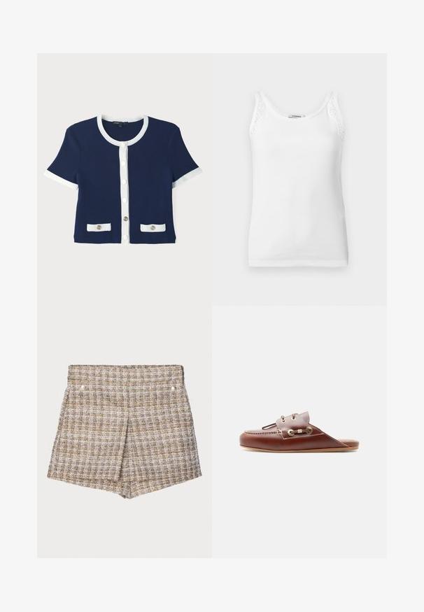 Cardigan côtelé navy avec bord blanc, manches courtes et fermeture à boutons sur le devant. Il présente deux poches avec des boutons décoratifs.; Débardeur blanc côtelé sans manches avec bordure en dentelle sur les bretelles, doté d'un col rond.; Shorts tissés à carreaux bruns avec une finition texturée, comportant deux boutons à pression en métal argenté à l'avant et un design structuré et ajusté.; Mocassin à enfiler en cuir marron avec couture moc toe, œillets dorés et détail de lacet décoratif sur le côté, semelle plate, profil latéral.