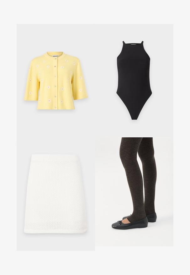 Cardigan jaune à manches courtes avec encolure ronde, boutons sur le devant et petits motifs de marguerites blanches éparpillés sur le tissu.; Body noir sans manches à col montant avec fines bretelles sur fond blanc.; Mini jupe en tricot blanc avec un motif texturé, une taille élastique et une silhouette droite.; Jambes portant des leggings côtelés foncés associés à des ballerines noires avec de petits détails en nœud sur fond blanc.