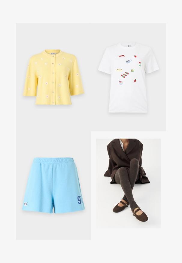 Cardigan jaune à manches courtes avec encolure ronde, boutons sur le devant et petits motifs de marguerites blanches éparpillés sur le tissu.; T-shirt blanc avec de petits motifs brodés de lunettes de soleil rouges, fraises, une tasse de café, pain, une grappe de tomates, une moitié d'avocat, fleur et bol à dessert.; Shorts de sport bleu clair avec taille élastique, petit logo sur l'ourlet gauche et le numéro "97" imprimé en bleu foncé sur le côté droit.; Des chaussettes marron côtelées jusqu'aux genoux associées à des ballerines en daim marron de type Mary Jane avec une sangle décorative et une boucle, portées avec un manteau sombre.