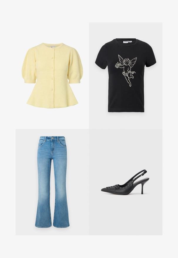 Soft yellow ribbed knit cardigan with short puff sleeves, round neckline, and front button closure.; Black short-sleeve t-shirt with a white outline of a winged cherub holding a rose in one hand on the front center.; Light blue denim flare jeans with front pockets, belt loops, and a button closure against a white background.; Black leather slingback stiletto with pointed toe, side buckle strap, studs along edge, and decorative lacing on front.
