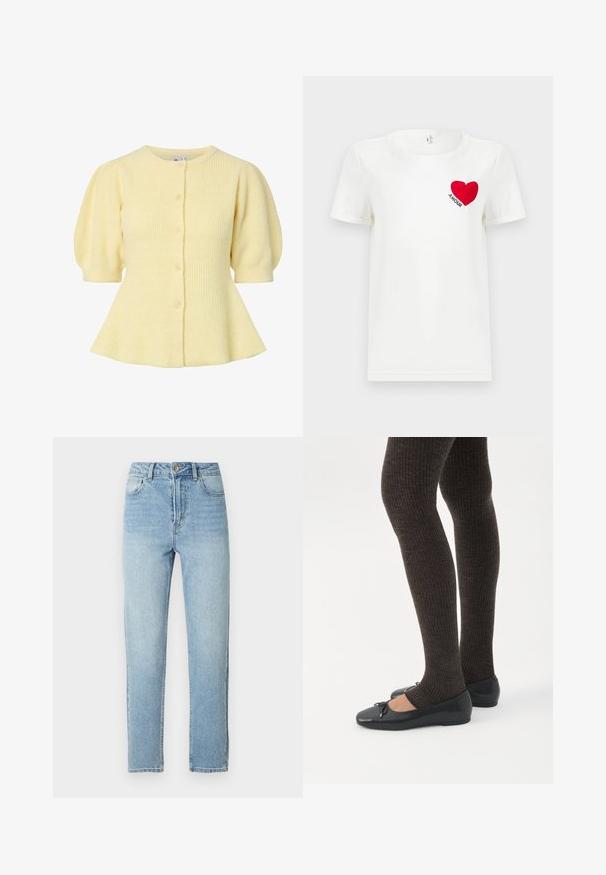 Soft yellow ribbed knit cardigan with short puff sleeves, round neckline, and front button closure.; White short-sleeve T-shirt with a red heart and word "AMOUR" printed on the left chest area.; Light blue denim jeans with a straight-leg design, five-pocket style, metal button closure, and subtle whiskering detail on the front.; Legs wearing dark ribbed leggings paired with black ballet flats featuring small bow details on a white background.