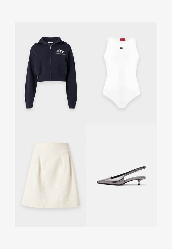 Sweat-shirt bleu marine court à zip avec col montant, doté de poignets et d'une ceinture côtelés, avec un logo blanc brodé sur le côté gauche de la poitrine.; Body blanc sans manches, ajusté, avec encolure ronde et petit logo noir "HUGO" sur la poitrine, étiquette de marque rouge à l'intérieur du col.; Mini-jupe trapèze texturée blanc cassé avec taille haute et coutures verticales subtiles pour la mise en forme.; Chaussure slingback gris métallique à bout pointu, petit talon kitten et bride réglable sur fond blanc.