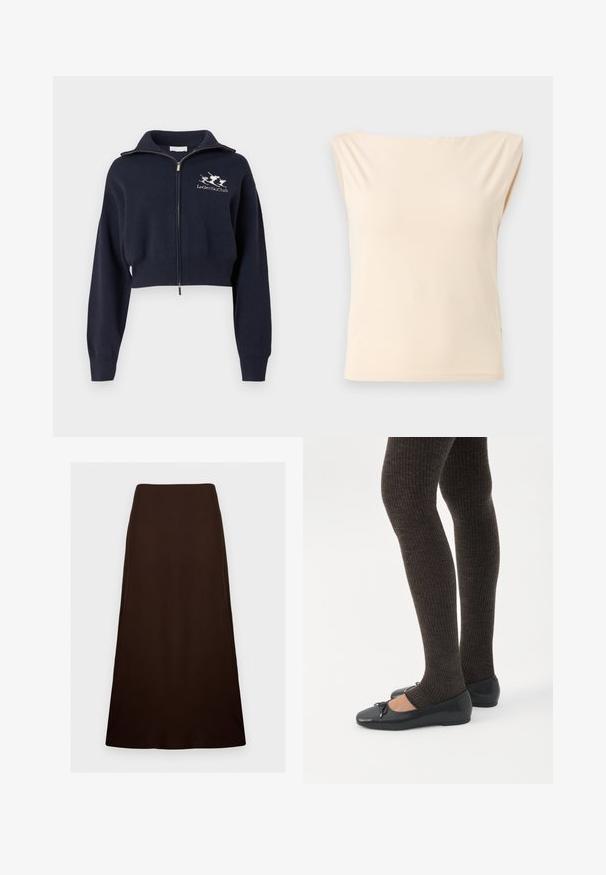 Sweat-shirt bleu marine court à zip avec col montant, doté de poignets et d'une ceinture côtelés, avec un logo blanc brodé sur le côté gauche de la poitrine.; Blouse sans manches beige avec larges épaules et encolure bateau, présentée sur un fond gris clair uni.; Jupe marron foncé, longueur cheville, forme trapèze avec une texture lisse et unie et une taille ajustée sur un fond blanc uni.; Jambes portant des leggings côtelés foncés associés à des ballerines noires avec de petits détails en nœud sur fond blanc.