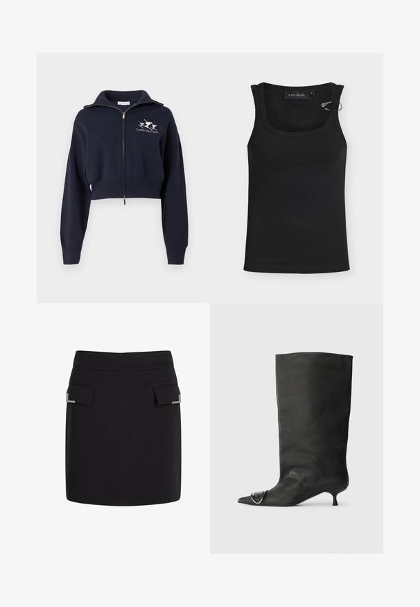 Sweat-shirt bleu marine court à zip avec col montant, doté de poignets et d'une ceinture côtelés, avec un logo blanc brodé sur le côté gauche de la poitrine.; Débardeur noir côtelé avec un col arrondi, doté d'un accent métallique sur l'épaule et d'une étiquette logo à l'intérieur. Texture douce.; Jupe mini noire avec deux poches avant à rabat, chacune dotée d'un petit détail décoratif en argent dans le coin.; Bottines en cuir noir à bout pointu, petite talon et détail métallique sur le bout. Texture lisse et mate partout.