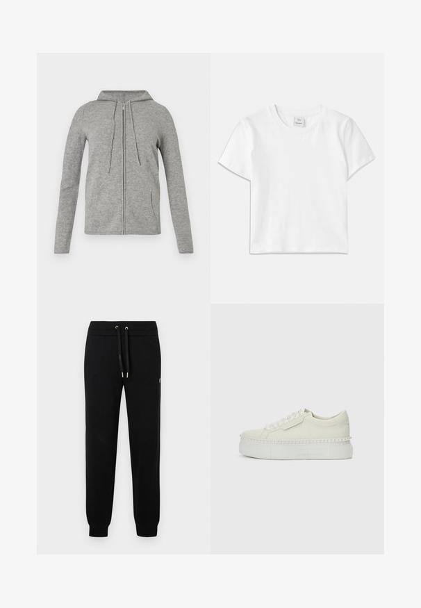 Sweat à fermeture éclair gris en tissu doux, avec capuche à cordon, manches longues et poches latérales, au toucher lisse et au design décontracté.; T-shirt en coton blanc avec un col rond, des manches courtes et un ourlet droit. Étiquette marquée "Won Hundred" au centre de l'encolure.; Pantalons de jogging noirs avec taille élastique et cordon de serrage, poignets côtelés, et détail de logo subtil sur la jambe.; Baskets plateforme blanches avec bordure en perles autour de la semelle et lacets en ruban de satin sur un fond blanc uni.