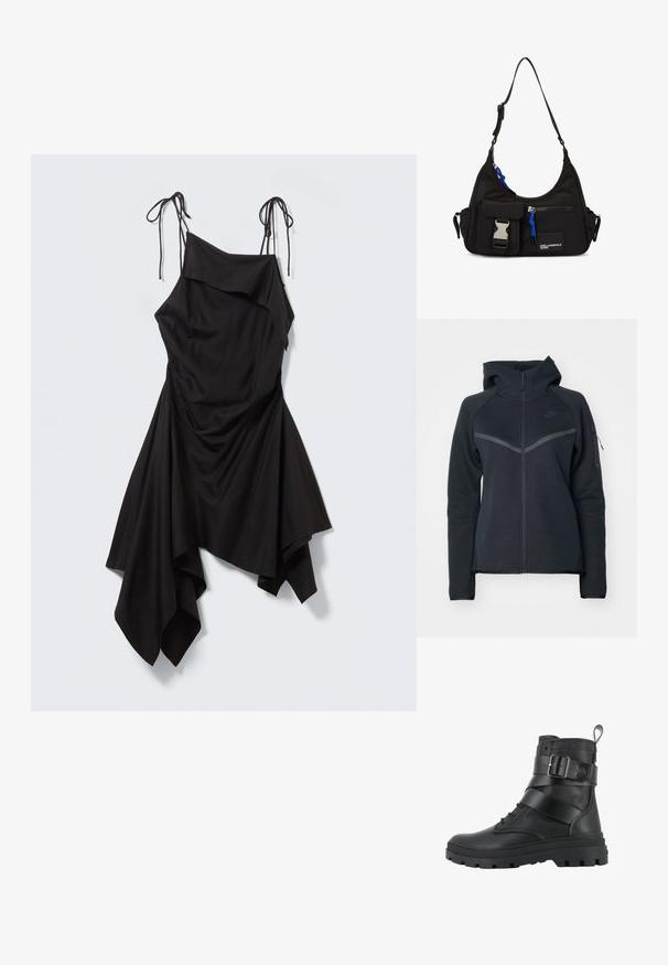 Haut de hoodie zippé noir avec un col haut, des accents gris contrastants et une poche zippée sur le côté. Fabriqué en matériau en polaire douce avec une coupe ajustée.; Robe noire asymétrique avec fines bretelles en lien, corsage drapé et ourlet en pointe sur fond gris clair.; Palladium Bottines de cowboy / motard - black; Sac à épaule en nylon noir avec une forme incurvée, une sangle ajustable, une poche avant avec fermoir, des accents bleus et un détail de logo.