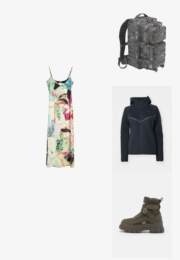 Haut de hoodie zippé noir avec un col haut, des accents gris contrastants et une poche zippée sur le côté. Fabriqué en matériau en polaire douce avec une coupe ajustée.; Robe longue sans manches avec fines bretelles, présentant un imprimé patchwork coloré de fleurs et d’oiseaux sur un fond clair.; Buffalo ASPHA LACEUP MID - Bottines à lacets - khaki; Sac à dos camouflage dans des tons de gris ; comporte plusieurs compartiments, un tissu durable, des bretelles réglables et un panneau arrière texturé.