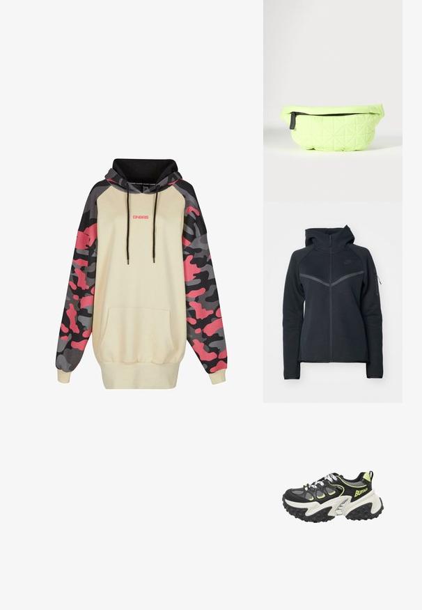 Čierna mikina na zips s vysokým golierom, kontrastnými šedými akcentmi a bočnou zipsovou kapsou. Vyrobená z mäkkého fleece materiálu s prispôsobeným strihom.; Mikina s kapucňou v béžovej farbe s čiernymi šnúrkami, s rukávmi s maskáčovým vzorom v sivej a ružovej farbe a s predným vačkom typu kengura.; Robustné čierno-sivé tenisky Buffalo s bielou podrážkou, neónovo zelenými akcentmi, sieťovinovými panelmi, hrubou vzorovanou podrážkou a čierno-bielymi šnúrkami.; Svetlozelená prešívaná látková ľadvinka s čiernym zipsom a ťahadlom, zobrazená na neutrálom pozadí.