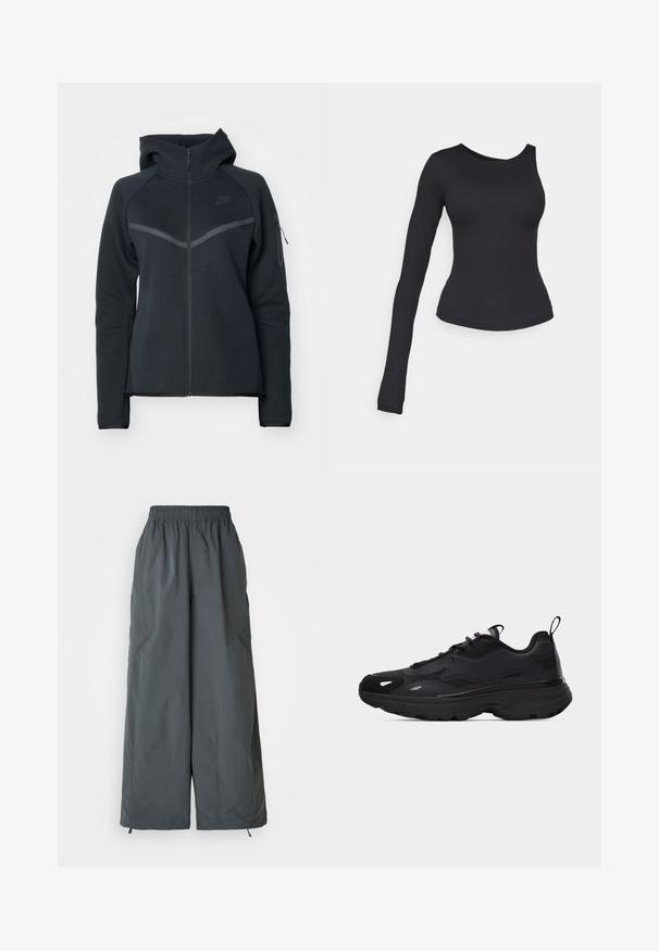 Zwarte zip-up hoodie met een hoge kraag, contrasterende grijze accenten en een zijzak met rits. Gemaakt van zachte fleece met een getailleerd ontwerp.; Zwarte top met lange mouwen en een ontwerp met één schouder. Gemaakt van rekbaar materiaal, aangesloten silhouet en een gladde textuur.; Grijze, elastische taille, wijde broekspijpen gemaakt van lichte stof, met twee zijzakken en verstelbare trekkoorden bij de manchetten.; Zwarte atletische sneaker met dikke zool, gestructureerd bovenwerk, zijpanelen, veters en trekbandjes op de tong en hiel.