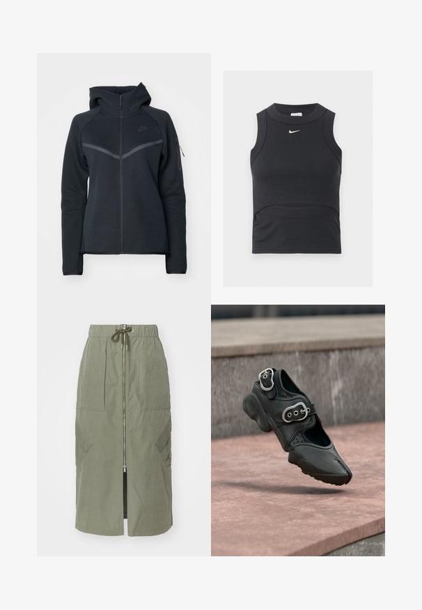 Sort zip-hoodie med høj krave, kontrasterende grå detaljer og en sidelomme med lynlås. Fremstillet af blødt fleece-materiale med en tætsiddende pasform.; Sort ærmeløs cropped sportstop med ribbet tekstur og hvid Nike swoosh-logo på brystet.; Oliven grøn midi-skjørt lavet af letvægtsstof, med en front lynlås, elastisk talje og store sidelommer med vinkelformede klapper.; Sort sko med delt tå og to sølvspændere, tyk sål og perforerede detaljer, svævende over en stenovertagelse.