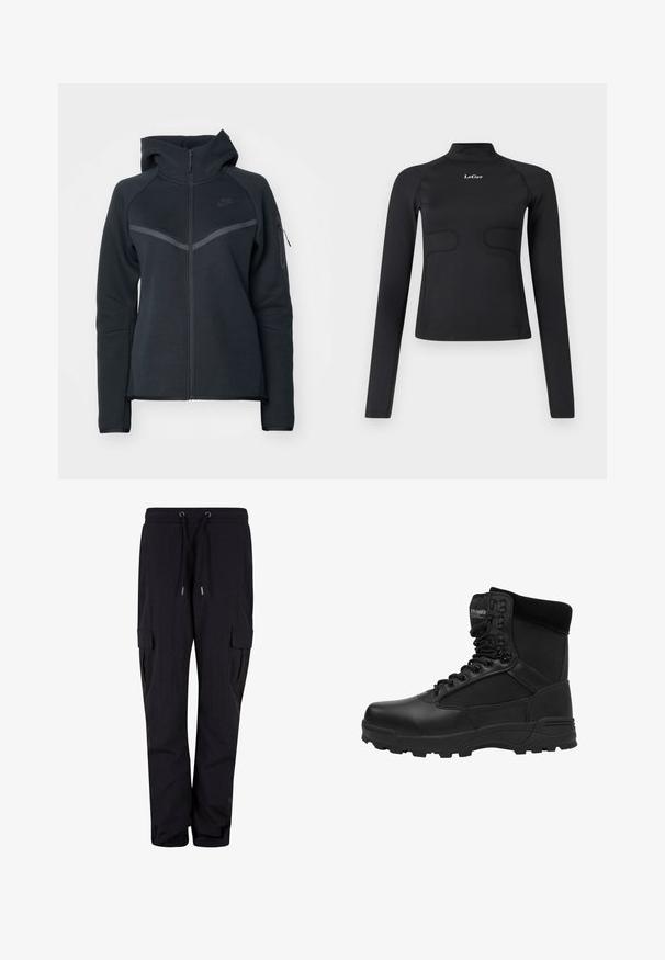 Sort zip-hoodie med høj krave, kontrasterende grå detaljer og en sidelomme med lynlås. Fremstillet af blødt fleece-materiale med en tætsiddende pasform.; Sort langærmet tætsiddende top med høj hals og hvid "LeGer" logo centreret på brystet mod hvid baggrund.; Sorte cargo bukser lavet af blødt stof, med en elastisk talje og snore, samt sidelommer. Lige ben-design.; Sorte taktiske støvler med en glat læderoverflade, mesh-paneler, forstærket tåspids og robust sål. Har snørebåndsdesign og polstret krave.
