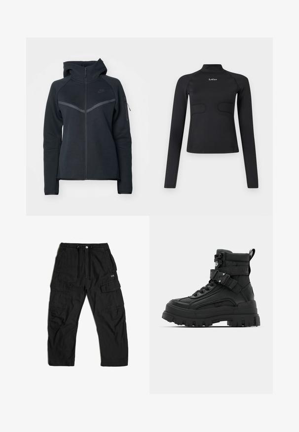 Zwarte zip-up hoodie met een hoge kraag, contrasterende grijze accenten en een zijzak met rits. Gemaakt van zachte fleece met een getailleerd ontwerp.; Zwarte aangesloten longsleeve top met een opstaande kraag en het witte "LeGer" logo gecentreerd op de borst tegen een witte achtergrond.; Zwarte cargobroek van stof, voorzien van een elastische tailleband met een trekkoord, meerdere zijzakken en een relaxte pasvorm.; Zwarte enkellaarsjes met een gestructureerde bovenkant, dikke zool, vetersluiting aan de voorkant en een verstelbare band met logo-details. Rubberen buitenzool met uitgesproken profiel.