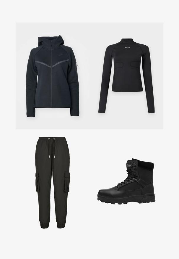 Sort zip-hoodie med høj krave, kontrasterende grå detaljer og en sidelomme med lynlås. Fremstillet af blødt fleece-materiale med en tætsiddende pasform.; Sort langærmet tætsiddende top med høj hals og hvid "LeGer" logo centreret på brystet mod hvid baggrund.; Sorte cargo bukser lavet af let materiale, med elastisk talje, justerbar snor, sidelommer og ribbede manchetter.; Sorte taktiske støvler med en glat læderoverflade, mesh-paneler, forstærket tåspids og robust sål. Har snørebåndsdesign og polstret krave.
