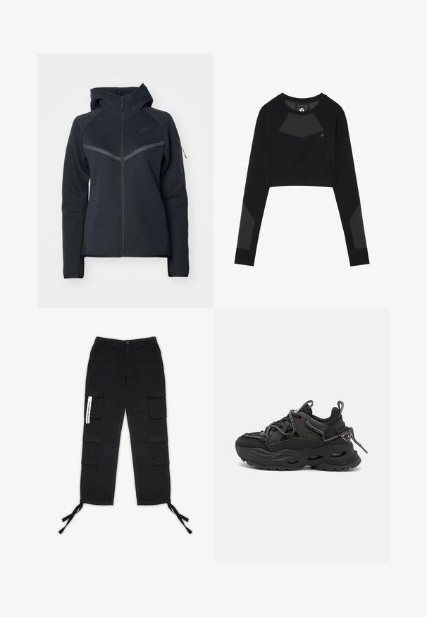 Sort zip-hoodie med høj krave, kontrasterende grå detaljer og en sidelomme med lynlås. Fremstillet af blødt fleece-materiale med en tætsiddende pasform.; Sort cropped sweatshirts lavet af blødt stof. Har mesh-paneler på brystet og ærmerne. Rund halsudskæring og lange ærmer.; Pegador TANAMI WIDE PANTS - Cargobukser - black; Sorte atletiske sko med et struktureret stofoverdel, tyk gummisål og kontrasterende snørebånd. Har forstærket hæl og branding.