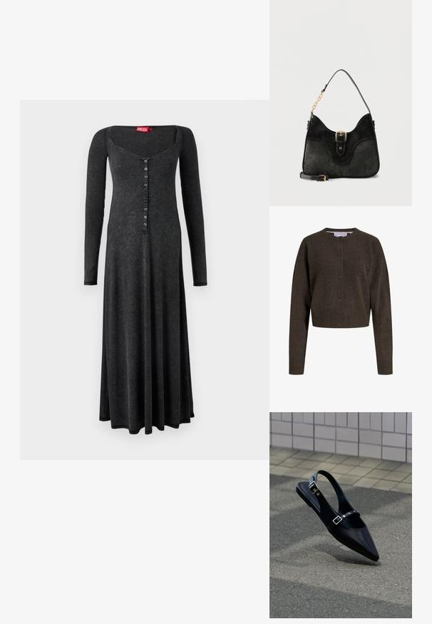 Donkerbruine gebreide cardigan met knopen, lange mouwen, geribbelde manchetten en zoom, en een ronde halslijn.; Zwarte jurk met lange mouwen van geribbelde stof, met een diepe halslijn en een knoopsluiting aan de voorkant, met een vloeiende silhouet.; Zwarte platte slingback met spits toelopende neus en dubbele gespsluitingen, rustend op grijs asfalt bij een achtergrond van betegelde muur.; Zwarte leren handtas met gouden gespdetail, één schouderriem met schakels en een afneembare verstelbare crossbodyriem.