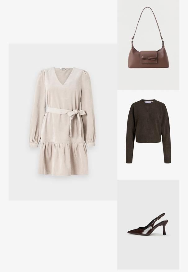 Donkerbruine gebreide cardigan met knopen, lange mouwen, geribbelde manchetten en zoom, en een ronde halslijn.; Beige corduroy jurk met een V-hals, lange pofmouwen, een getailleerde taille en een uitlopende rok. Inclusief een stoffen riem die om de taille is geknoopt.; Bruine gepatineerde leren slingback pumps met een spitse neus, een dunne hak en een verstelbaar bandje met een kleine gesp.; Bruine leren schoudertas met een voorvak met klep en een gestikte strikdetail en een verstelbare band.