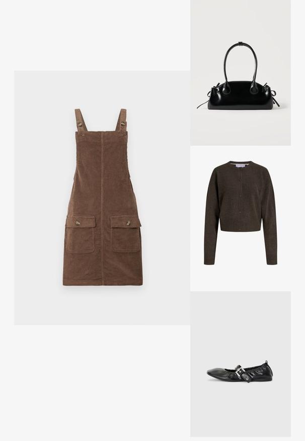 Cardigan en maille marron foncé boutonné, manches longues, poignets et ourlet côtelés, avec un col rond.; Robe salopette en velours côtelé marron avec bretelles réglables, deux poches avant et une couture centrale. Tissu texturé au toucher doux.; Chaussure plate en cuir noir avec un nez pointu, des détails froncés autour de l'ouverture et un accent en boucle argentée sur la bride ajustable.; Petit sac à main noir brillant avec deux longues anses et des détails à cordon sur les côtés sur un fond clair uni.