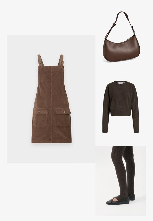 Donkerbruine gebreide cardigan met knopen, lange mouwen, geribbelde manchetten en zoom, en een ronde halslijn.; Bruine corduroy tuinbroek jurk met verstelbare bandjes, twee voorkanten zakken en een centrale naad. Getextureerde stof met een zachte uitstraling.; Benen met donkere geribbelde leggings gecombineerd met zwarte ballerina's met kleine strikdetails op een witte achtergrond.; Kleine bruine leren schoudertas met verstelbare band en ritssluiting, getoond tegen een witte achtergrond. Geen zichtbaar merk of versieringen.