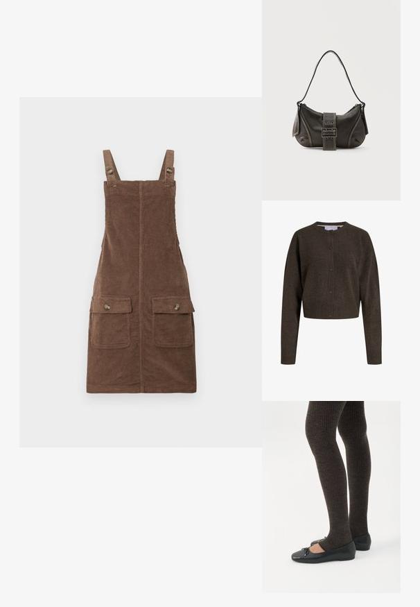 Donkerbruine gebreide cardigan met knopen, lange mouwen, geribbelde manchetten en zoom, en een ronde halslijn.; Bruine corduroy tuinbroek jurk met verstelbare bandjes, twee voorkanten zakken en een centrale naad. Getextureerde stof met een zachte uitstraling.; Benen met donkere geribbelde leggings gecombineerd met zwarte ballerina's met kleine strikdetails op een witte achtergrond.; Zwarte leren schoudertas met gespsluiting aan de riem, afgeronde hoeken en contrasterende witte stiksels op een effen achtergrond.